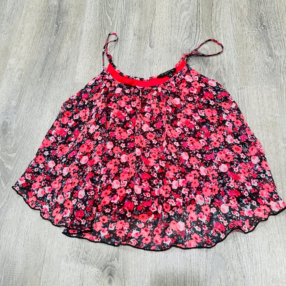 Express Blouse Women XS Pink Red Floral Chiffon Tiered Ruffle Camisole Tank Top